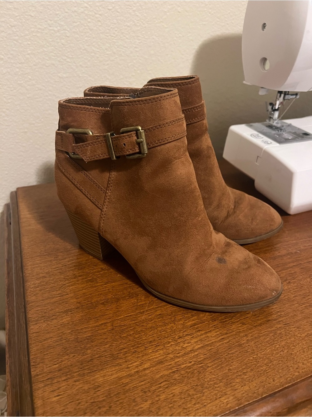 Express Brown Suede Ankle Booties with Buckle Detail